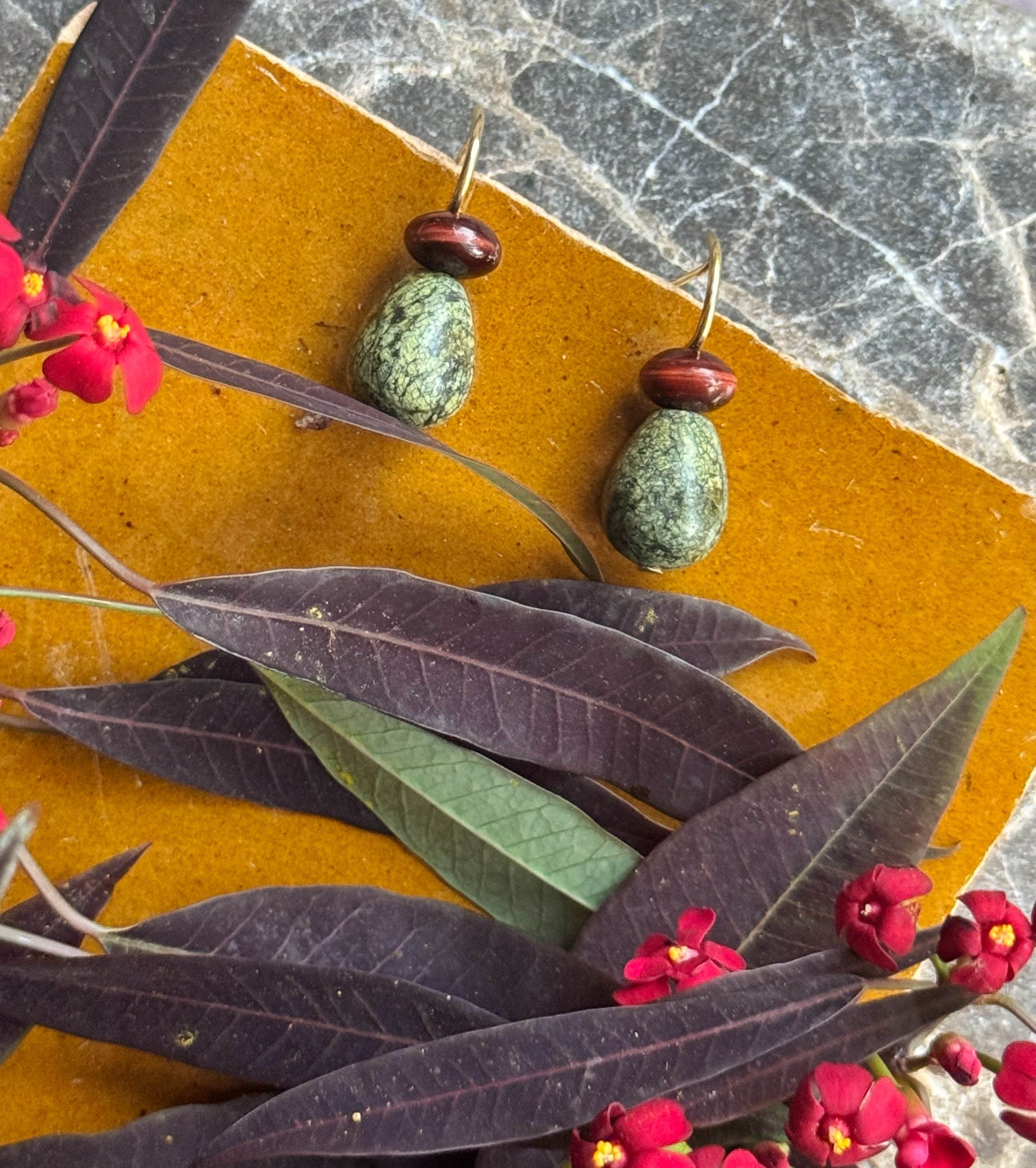 Pom Pom Pear Hooplet Earrings Red Tigers Eye Rhyolite