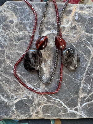 Mobile Earrings Red Tigers Eye Smoky Quartz Oval