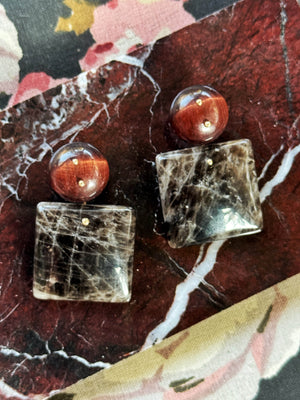 Mobile Earrings Red Tigers Eye Smoky Quartz Square