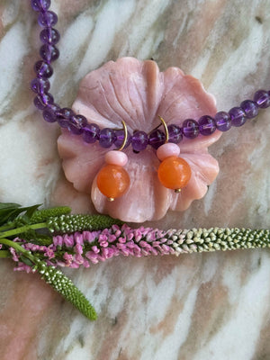 Pom Pom Hooplet Earrings Orange Chalcedony Pink Opal