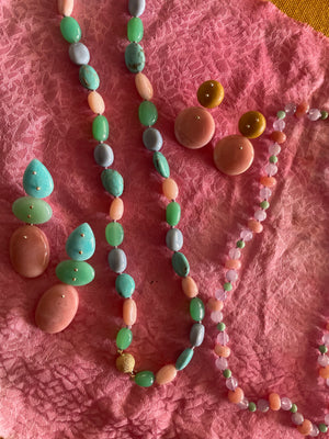 Beaded Nuggets Pink Opal, Turquoise, Chalcedony and Chrysoprase Necklace