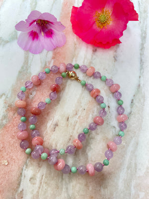 Beaded Pink Opal, Amethyst and Chrysoprase Necklace