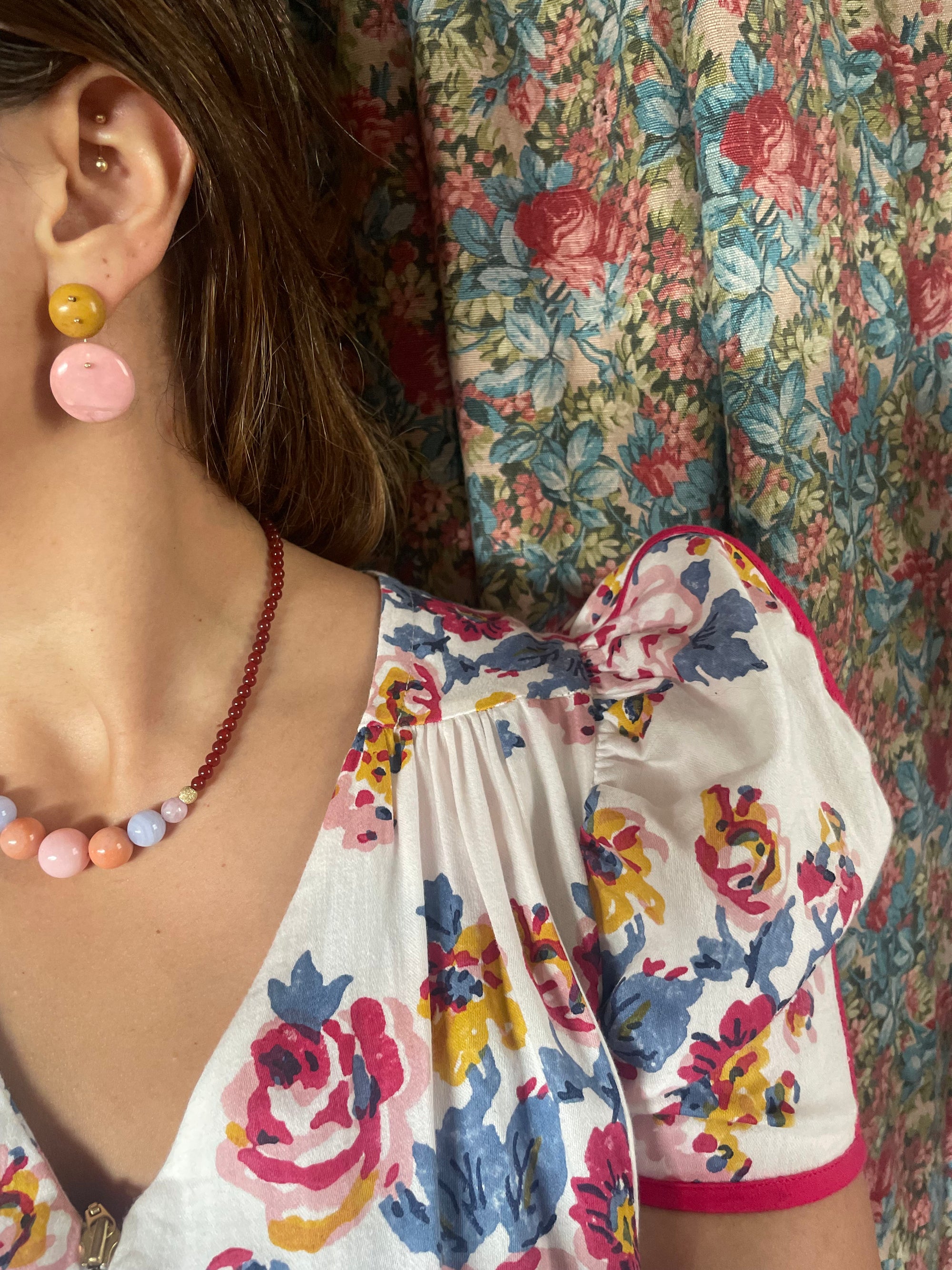 Mobile Earrings Yellow Jasper Pink Opal