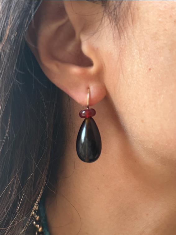 Pom Pom Pear Hooplet Earrings Carnelian Smoky Quartz