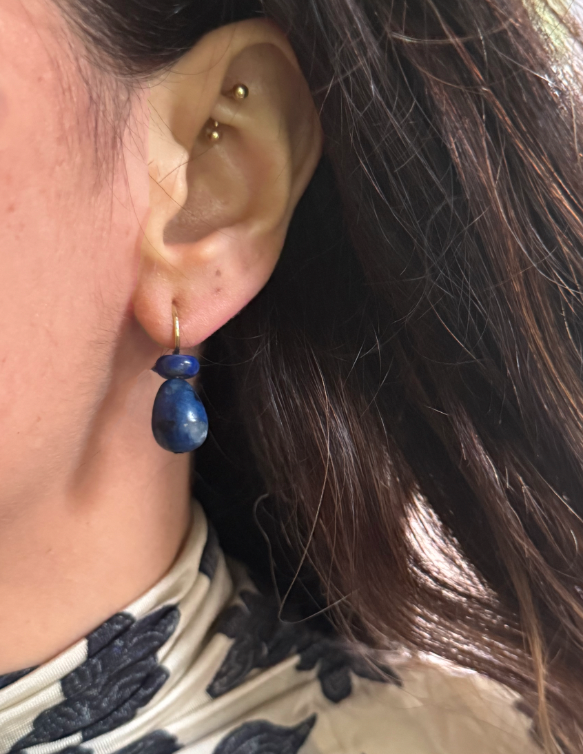 Pom Pom Pear Hooplet Earrings Lapis Sodalite