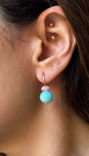 Pom Pom Hooplet Earrings Amazonite Rhodochrosite